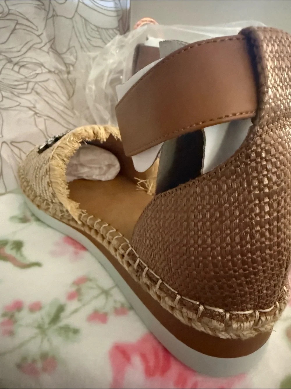 Crown Vintage Beige and Tan Jeweled Espadrille Ankle-Strap Flats
